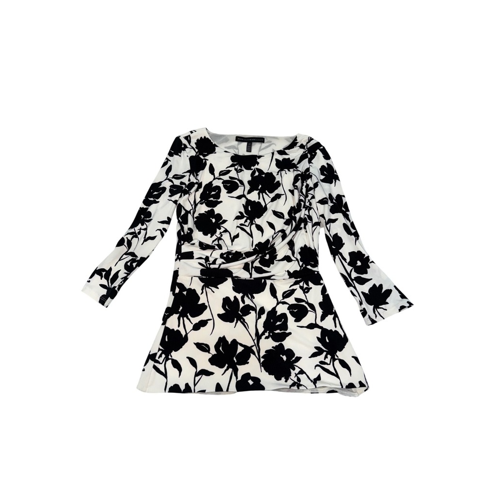 White House Black Market Floral Print Ruched blouse XS Black White Long Sleeve‎